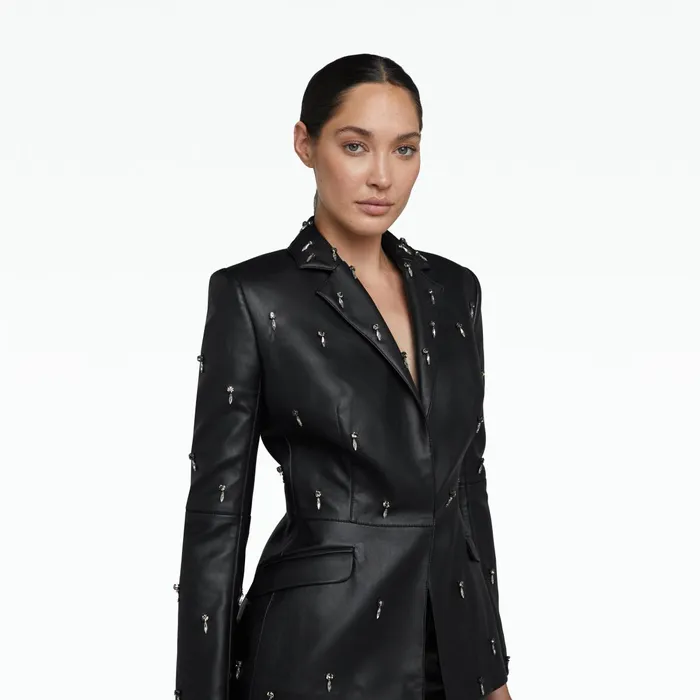 Safiyaa Emma Black Vegan Leather Embroidered Jacket Women Jackets Coats