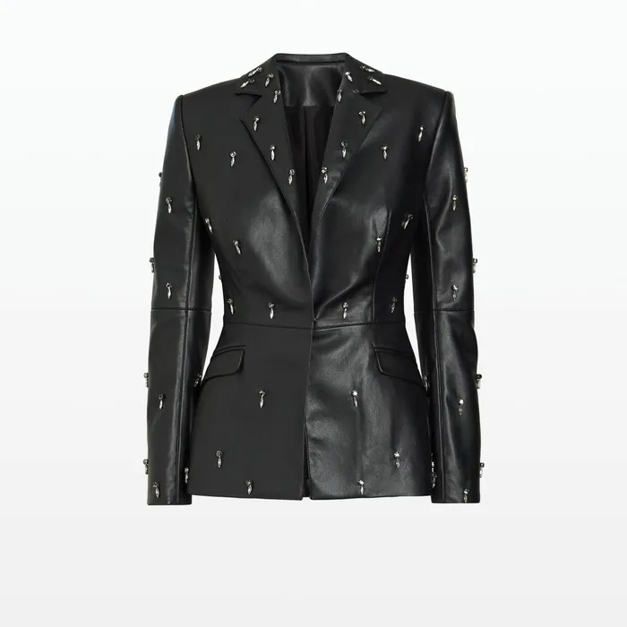 Safiyaa Emma Black Vegan Leather Embroidered Jacket Women Jackets Coats