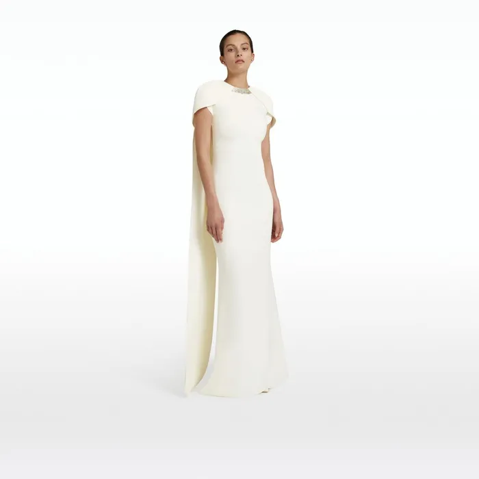 Safiyaa Ginkgo Embroidered Ivory Long Dress Women Dresses