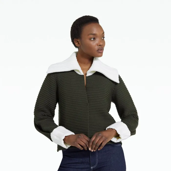 Safiyaa Mirielle Slate Green and Ivory Knit Cardigan Women Knitwear