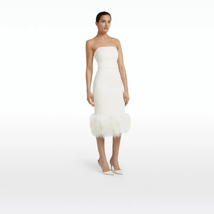 Safiyaa Oralie Ivory Feather Trimmed Midi Dress Women Dresses