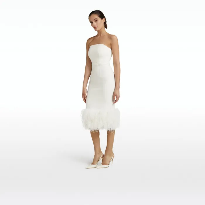 Safiyaa Oralie Ivory Feather Trimmed Midi Dress Women Dresses