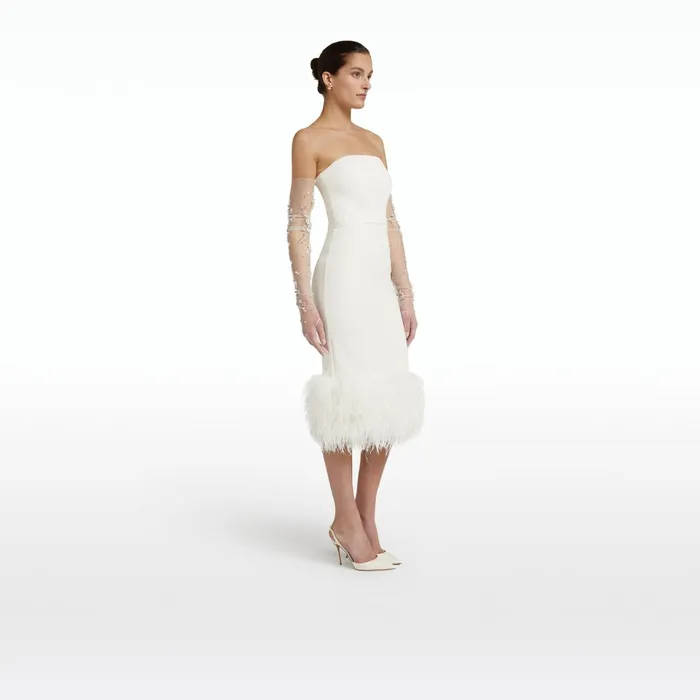 Safiyaa Oralie Ivory Feather Trimmed Midi Dress Women Dresses