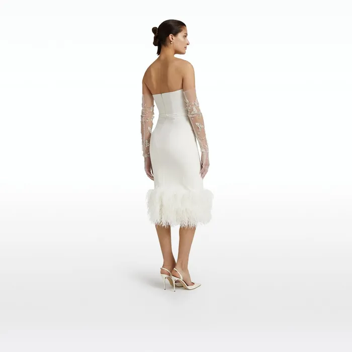 Safiyaa Oralie Ivory Feather Trimmed Midi Dress Women Dresses