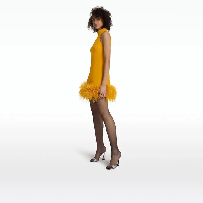 Safiyaa Ratana Ochre FeatherTrimmed Short Dress Women Dresses