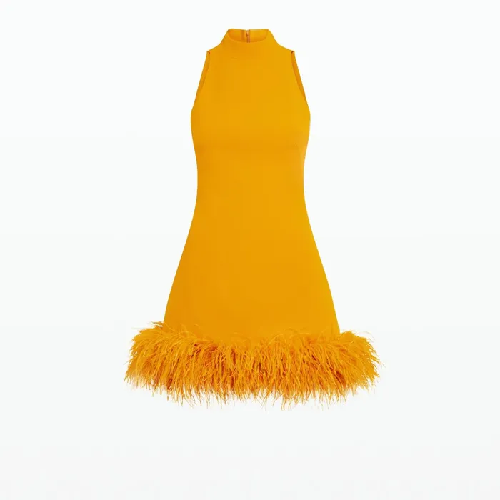 Safiyaa Ratana Ochre FeatherTrimmed Short Dress Women Dresses