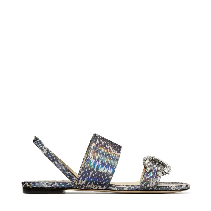 Saphera Flat Multicolour Holographic Elaphe Sandals With Crystal Jewel Embellishment Multi Women JIMMY CHOO Flats Saphera Flat Multicolour Holographic Elaphe Sandals With Crystal Jewel Embellishment Multi Women JIMMY CHOO Flats