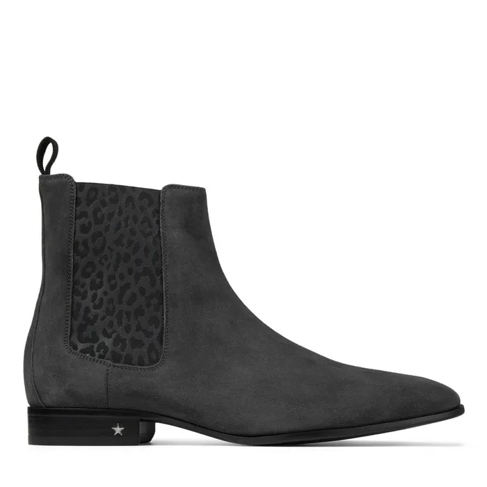 Sawyer Slate Fine Suede Chelsea Boot With Leopard Print Elastic Panel Slate Men JIMMY CHOO Casual Shoes Sawyer Slate Fine Suede Chelsea Boot With Leopard Print Elastic Panel Slate Men JIMMY CHOO Casual Shoes