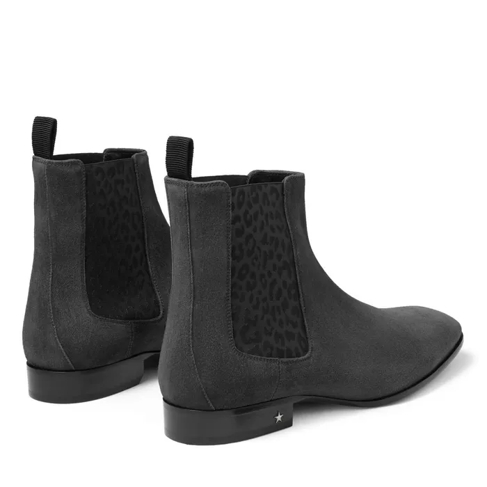 Sawyer Slate Fine Suede Chelsea Boot With Leopard Print Elastic Panel Slate Men JIMMY CHOO Casual Shoes