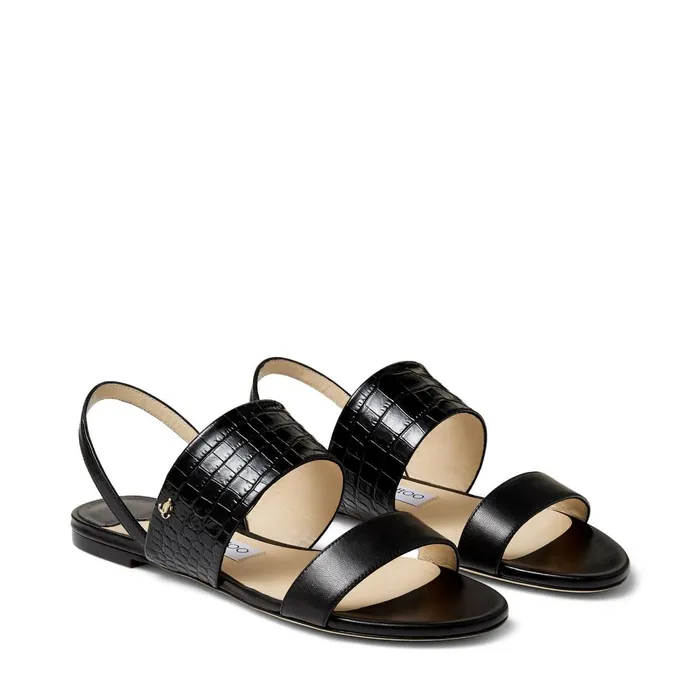 Seia Flat Black Nappa And CrocEmbossed Leather Slingback Sandals Blackblack Women JIMMY CHOO Flats