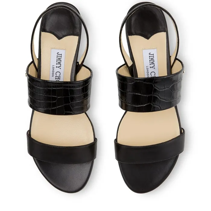 Seia Flat Black Nappa And CrocEmbossed Leather Slingback Sandals Blackblack Women JIMMY CHOO Flats