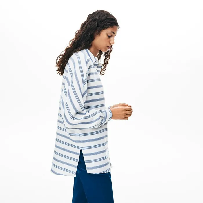 Shirts and Tops Lacoste Womens Loose Fit Striped Lightweight Cotton Shirt WhiteNavy BlueBlue Cheap On Sale