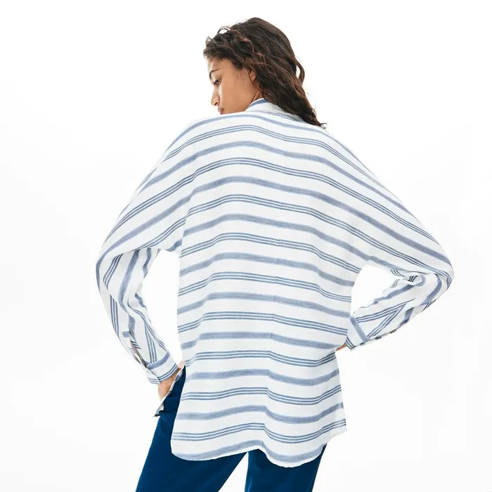 Shirts and Tops Lacoste Womens Loose Fit Striped Lightweight Cotton Shirt WhiteNavy BlueBlue Cheap On Sale