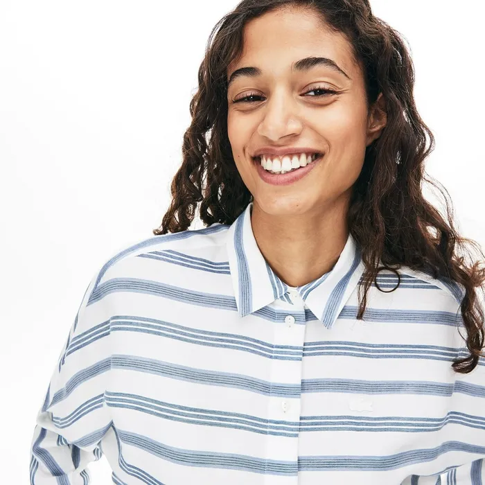 Shirts and Tops Lacoste Womens Loose Fit Striped Lightweight Cotton Shirt WhiteNavy BlueBlue Cheap On Sale