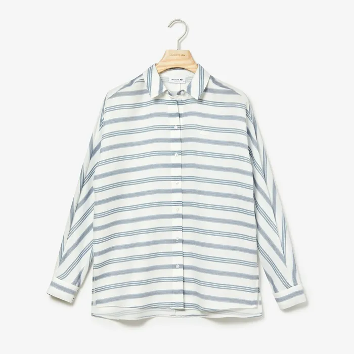 Shirts and Tops Lacoste Womens Loose Fit Striped Lightweight Cotton Shirt WhiteNavy BlueBlue Cheap On Sale