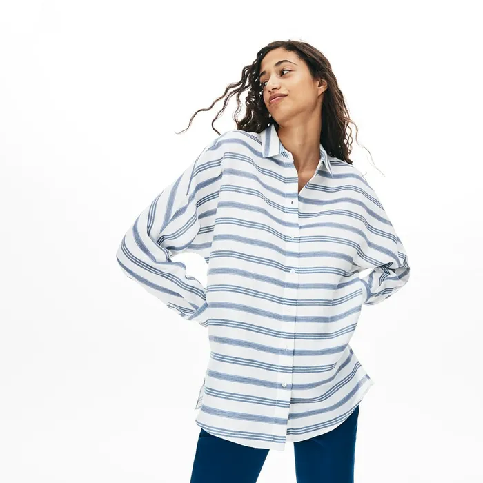 Shirts and Tops Lacoste Womens Loose Fit Striped Lightweight Cotton Shirt WhiteNavy BlueBlue Cheap On Sale