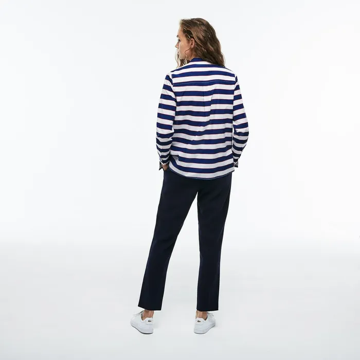 Shirts and Tops Lacoste Womens Regular Fit Striped Cotton and Silk Voile Shirt WhiteNavy BlueRed Online Outlet Store