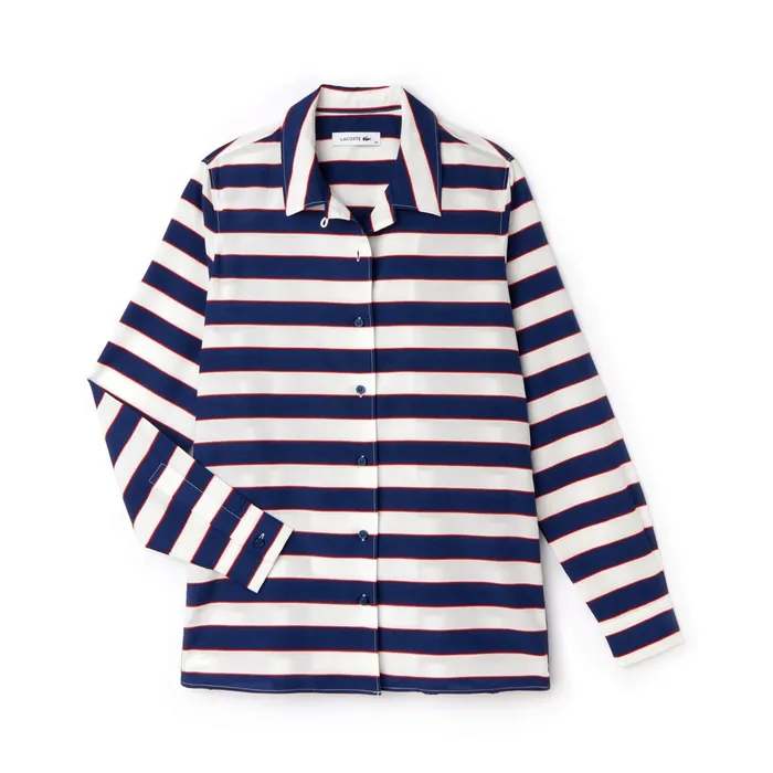 Shirts and Tops Lacoste Womens Regular Fit Striped Cotton and Silk Voile Shirt WhiteNavy BlueRed Online Outlet Store