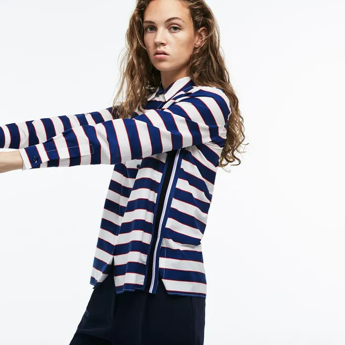 Shirts and Tops Lacoste Womens Regular Fit Striped Cotton and Silk Voile Shirt WhiteNavy BlueRed Online Outlet Store