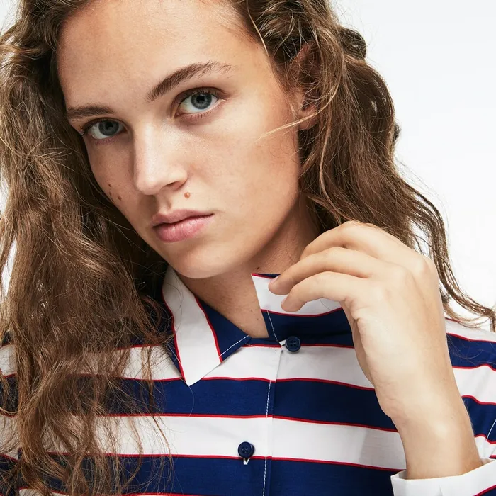 Shirts and Tops Lacoste Womens Regular Fit Striped Cotton and Silk Voile Shirt WhiteNavy BlueRed Online Outlet Store