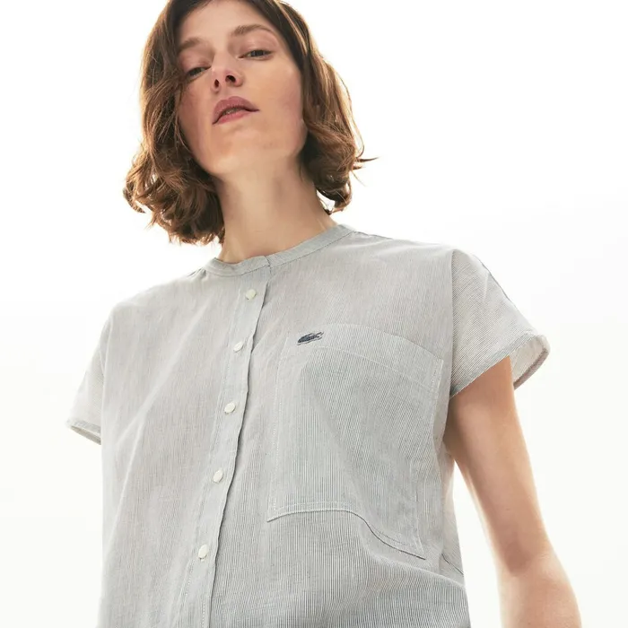 Shirts and Tops Lacoste Womens Striped Linen And Cotton Blend Shirt WhiteNavy Blue For Sale Shirts and Tops Lacoste Womens Striped Linen And Cotton Blend Shirt WhiteNavy Blue For Sale