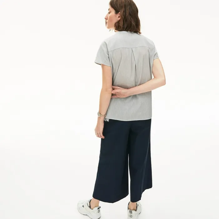 Shirts and Tops Lacoste Womens Striped Linen And Cotton Blend Shirt WhiteNavy Blue For Sale