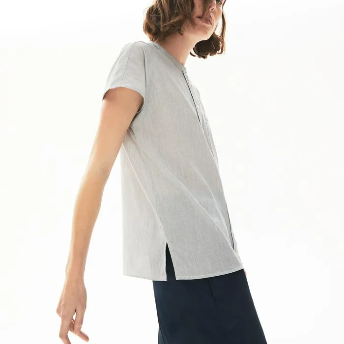 Shirts and Tops Lacoste Womens Striped Linen And Cotton Blend Shirt WhiteNavy Blue For Sale