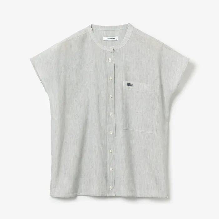 Shirts and Tops Lacoste Womens Striped Linen And Cotton Blend Shirt WhiteNavy Blue For Sale