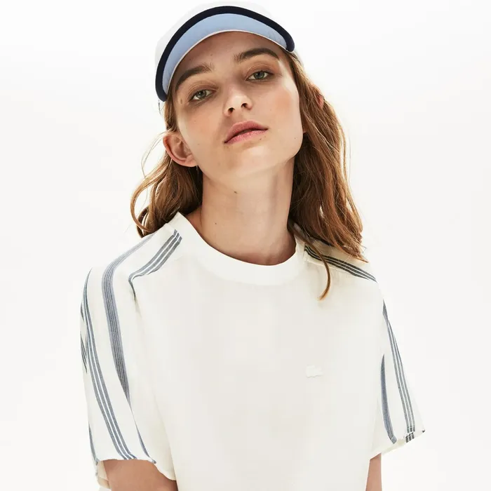 Shirts and Tops Lacoste Womens Striped Panel Lightweight Canvas Tshirt WhiteNavy BlueBlue Online Shirts and Tops Lacoste Womens Striped Panel Lightweight Canvas Tshirt WhiteNavy BlueBlue Online