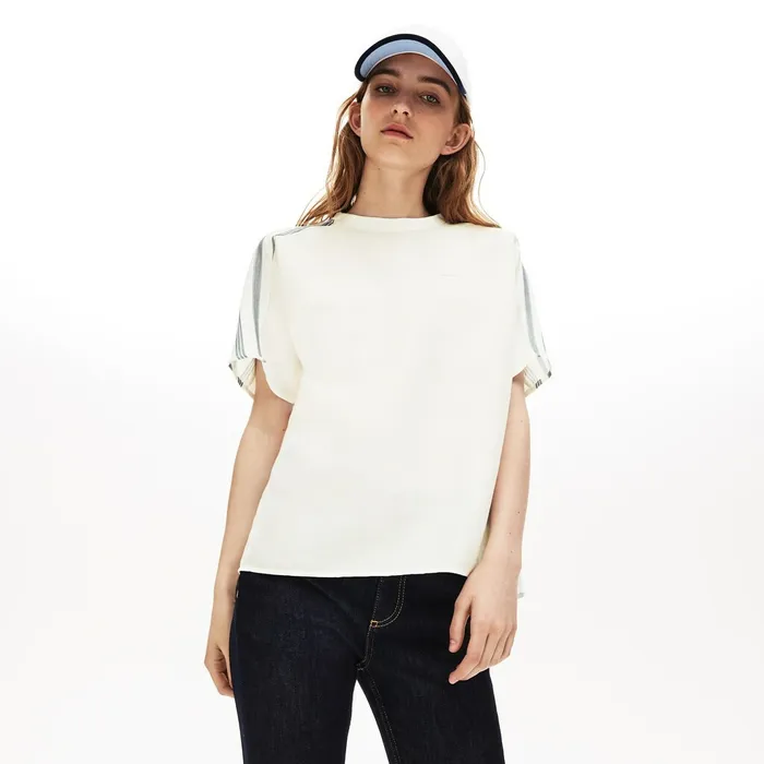 Shirts and Tops Lacoste Womens Striped Panel Lightweight Canvas Tshirt WhiteNavy BlueBlue Online