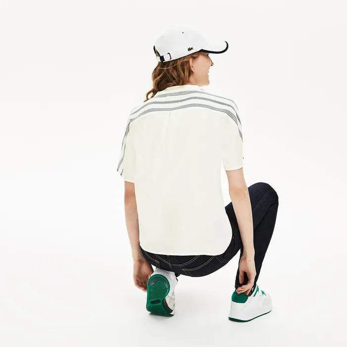 Shirts and Tops Lacoste Womens Striped Panel Lightweight Canvas Tshirt WhiteNavy BlueBlue Online