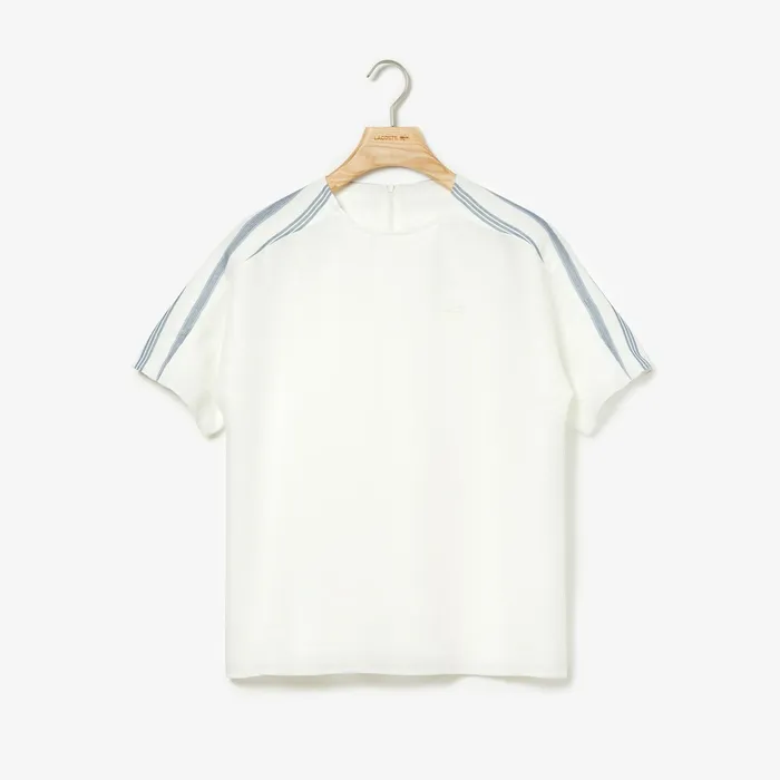 Shirts and Tops Lacoste Womens Striped Panel Lightweight Canvas Tshirt WhiteNavy BlueBlue Online