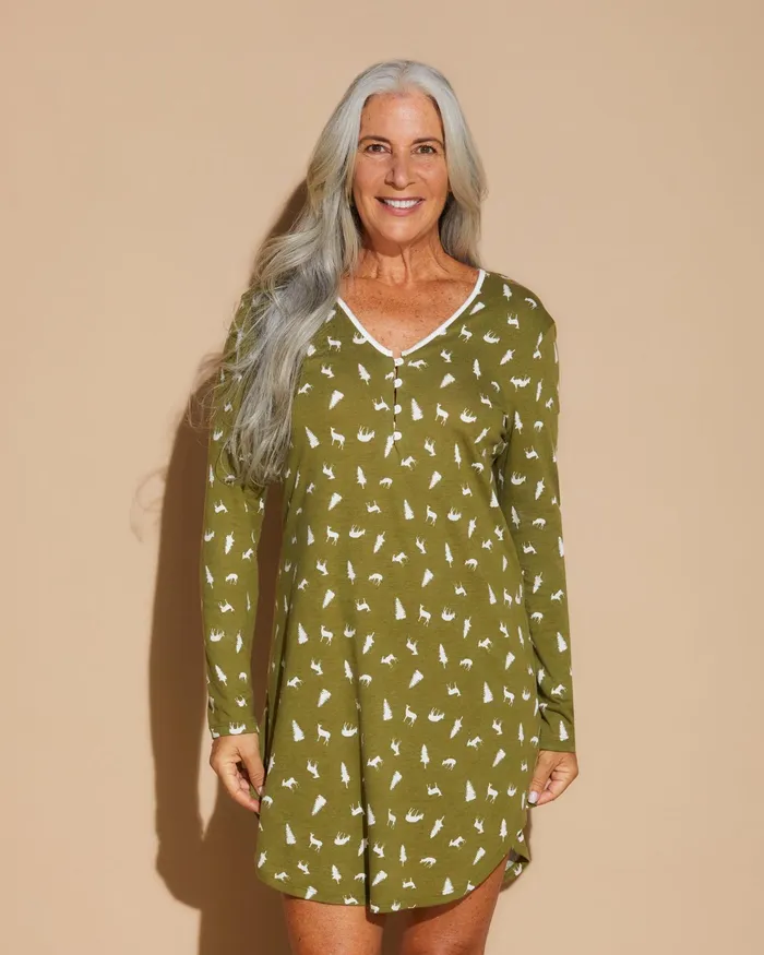 Sleep Shirts Women Cosabella Ski Trip Long Sleeve Sleepshirt Aloe Woodland
