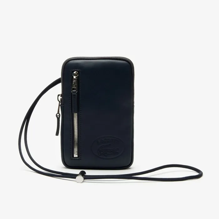 Small Leather Goods Lacoste Mens L1212 Neck Strap Leather Mini Flat Bag Dark Sapphire Near Me