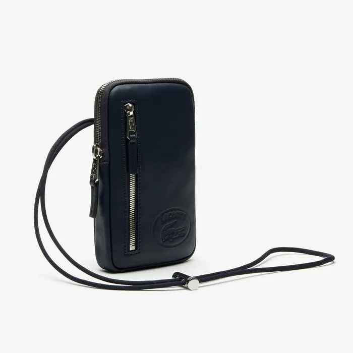 Small Leather Goods Lacoste Mens L1212 Neck Strap Leather Mini Flat Bag Dark Sapphire Near Me