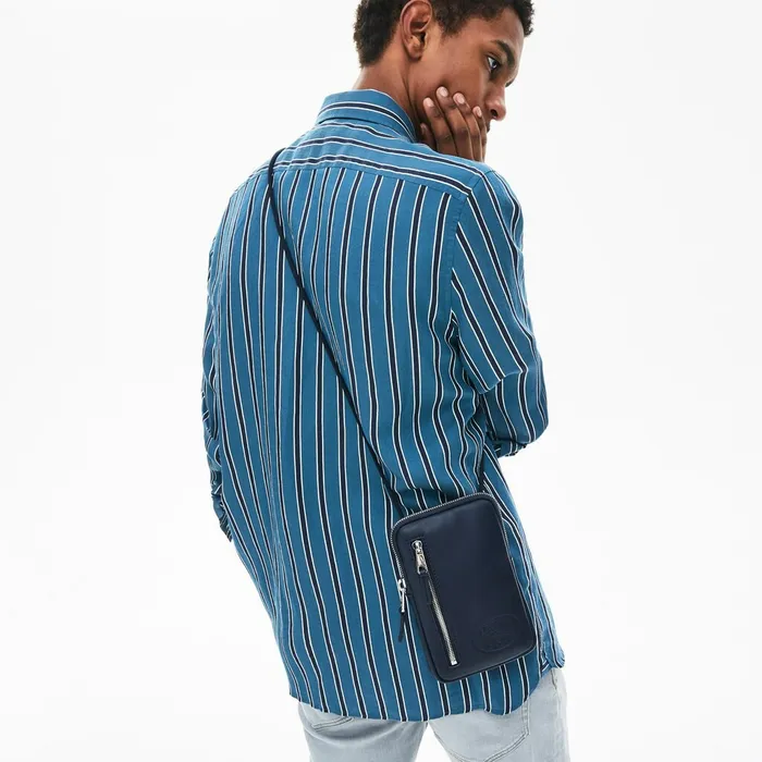 Small Leather Goods Lacoste Mens L1212 Neck Strap Leather Mini Flat Bag Dark Sapphire Near Me