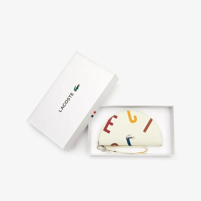 Small Leather Goods Lacoste Womens Daily Classic Coated Print Canvas Half Moon Clutch Alphabet Egret Online