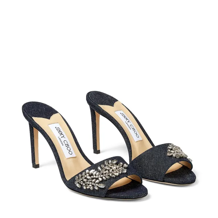 Stacey 85 Indigo Denim Mules With Crystal Embroidery Indigo Women JIMMY CHOO Mules