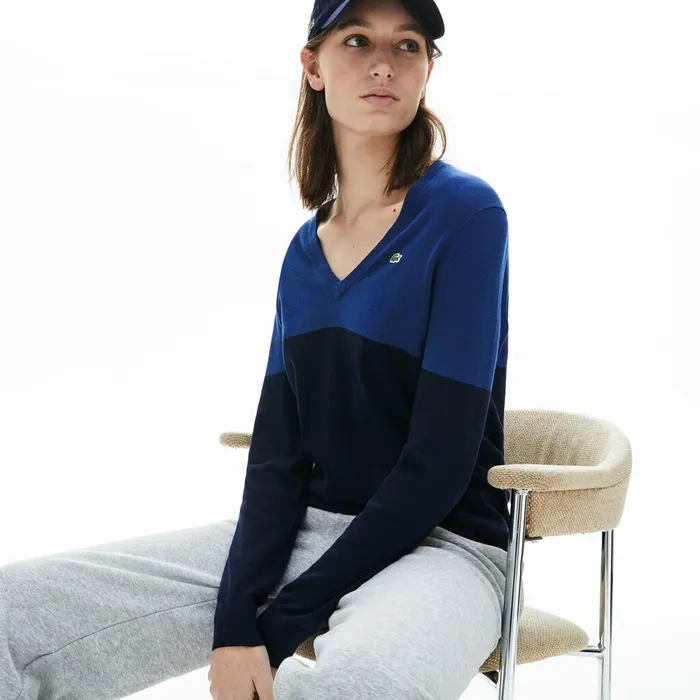Sweaters and Sweatshirts Lacoste Womens Colorblock Cotton Vneck Sweater Navy Blue Near Me