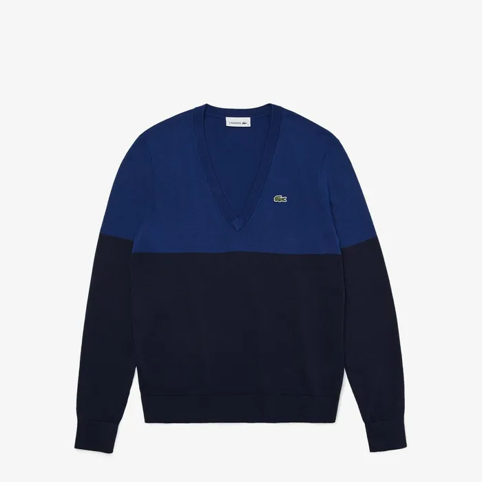 Sweaters and Sweatshirts Lacoste Womens Colorblock Cotton Vneck Sweater Navy Blue Near Me