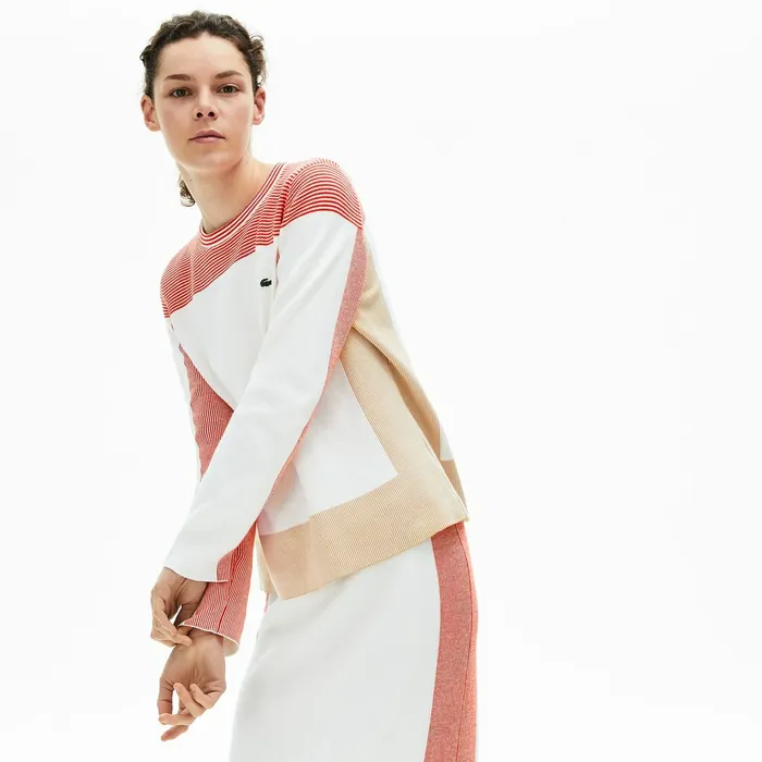 Sweaters and Sweatshirts Lacoste Womens Colorblock Knit Crew Neck Sweater WhiteLight BrownRed Shop Online Sweaters and Sweatshirts Lacoste Womens Colorblock Knit Crew Neck Sweater WhiteLight BrownRed Shop Online