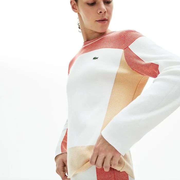 Sweaters and Sweatshirts Lacoste Womens Colorblock Knit Crew Neck Sweater WhiteLight BrownRed Shop Online