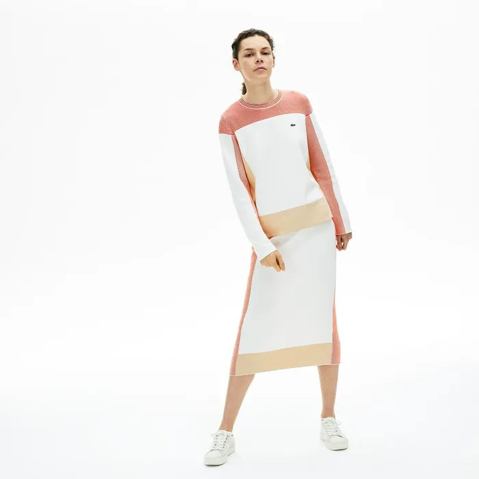 Sweaters and Sweatshirts Lacoste Womens Colorblock Knit Crew Neck Sweater WhiteLight BrownRed Shop Online