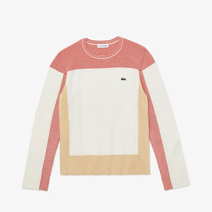 Sweaters and Sweatshirts Lacoste Womens Colorblock Knit Crew Neck Sweater WhiteLight BrownRed Shop Online