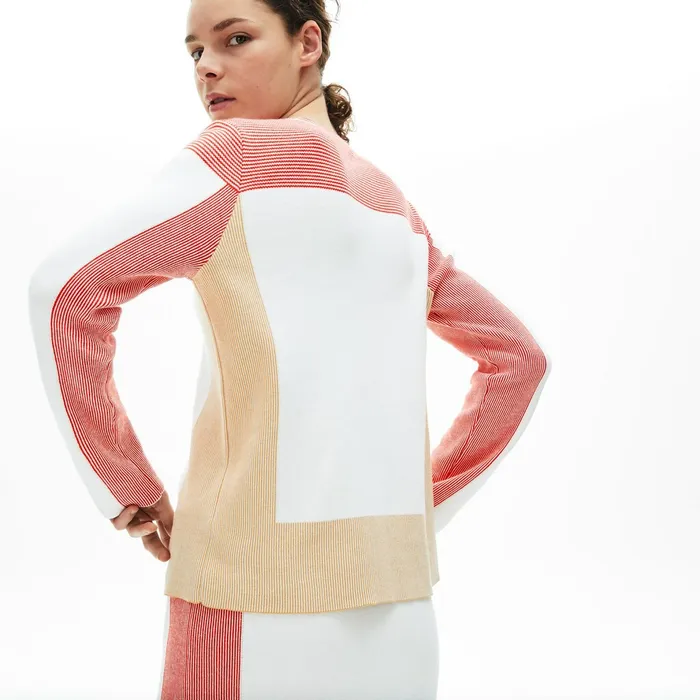 Sweaters and Sweatshirts Lacoste Womens Colorblock Knit Crew Neck Sweater WhiteLight BrownRed Shop Online