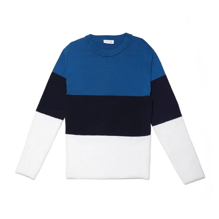 Sweaters and Sweatshirts Lacoste Womens Crew Neck Colorblock Cotton Mohair And Wool Jersey Sweater WhiteNavy Blue Gift for Friend Sweaters and Sweatshirts Lacoste Womens Crew Neck Colorblock Cotton Mohair And Wool Jersey Sweater WhiteNavy Blue Gift for Friend