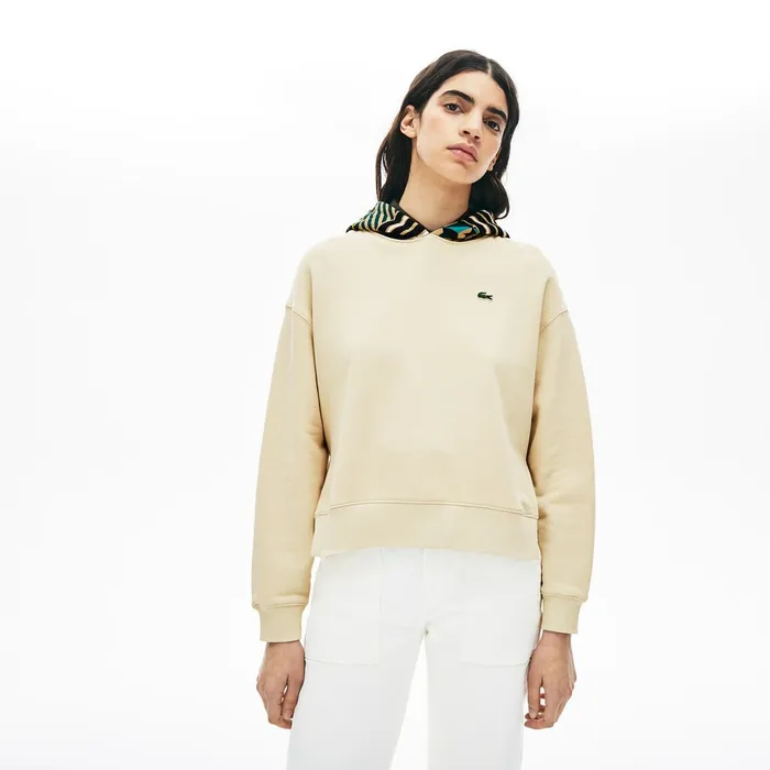 Sweaters and Sweatshirts Lacoste Womens LIVE PrintedHood Fleece Sweatshirt BeigeWhite Gift Ideas