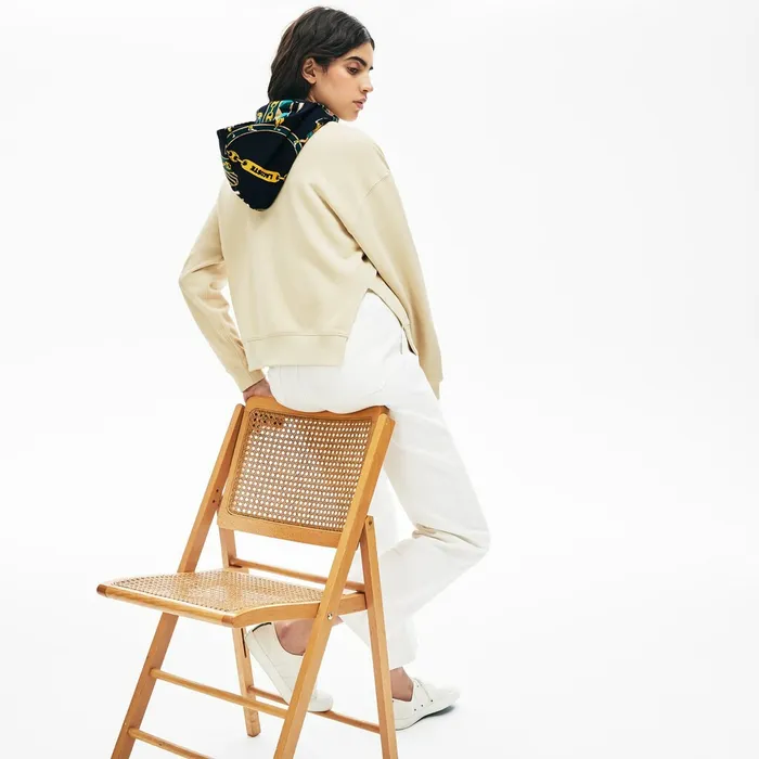 Sweaters and Sweatshirts Lacoste Womens LIVE PrintedHood Fleece Sweatshirt BeigeWhite Gift Ideas