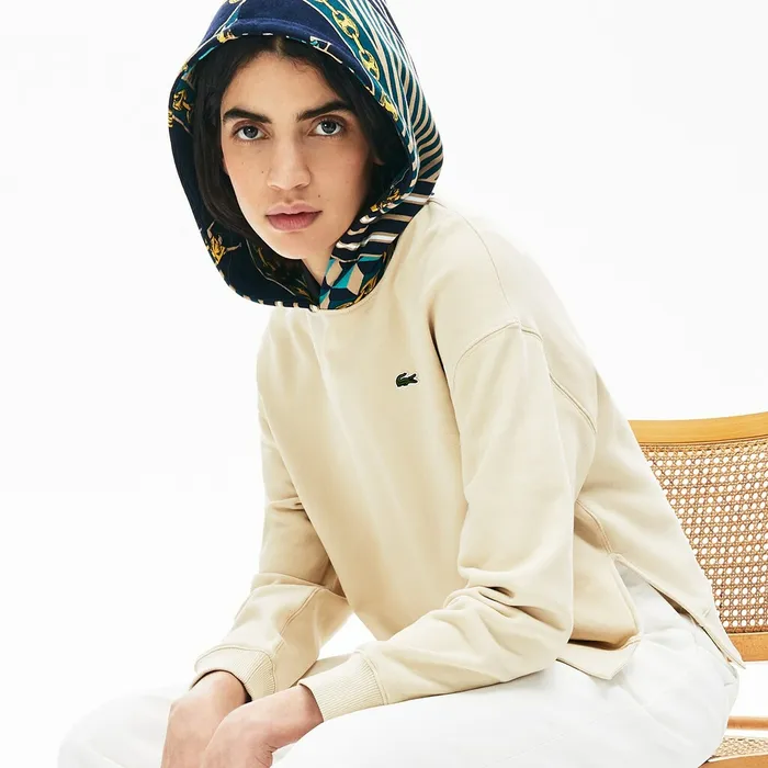 Sweaters and Sweatshirts Lacoste Womens LIVE PrintedHood Fleece Sweatshirt BeigeWhite Gift Ideas