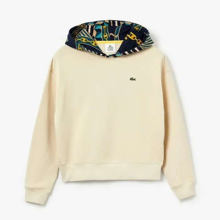 Sweaters and Sweatshirts Lacoste Womens LIVE PrintedHood Fleece Sweatshirt BeigeWhite Gift Ideas